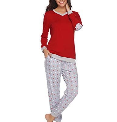 Abollria Pijama Mujer Algod/ón 2 Piezas Set V-Cuello Conjunto de Pijamas de Manga Larga Jogging Estilo Ropa de Dormir