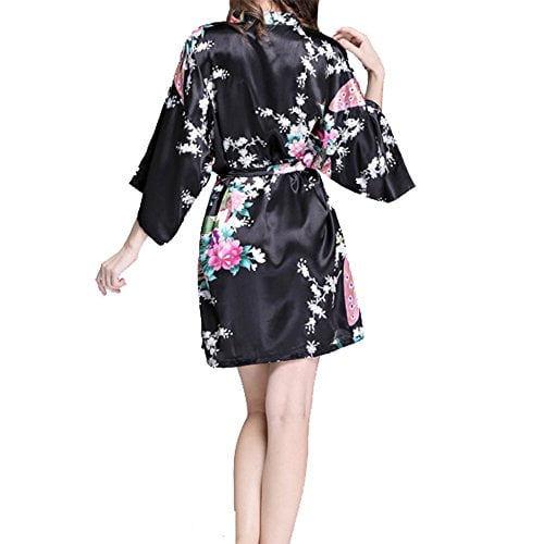 VILLAVIVI Vestido Párrafo Corto Mujer Kimono Pavo Flores Satén Albornoces Pijamas 